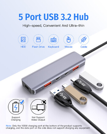 Getatek USB C хъб 10Gbps USB C сплитер 100W мощност за зареждане USB 3.2 хъб за лаптоп MacBook Air/Pro iPhone 15/15 Pro/15 Pro Max