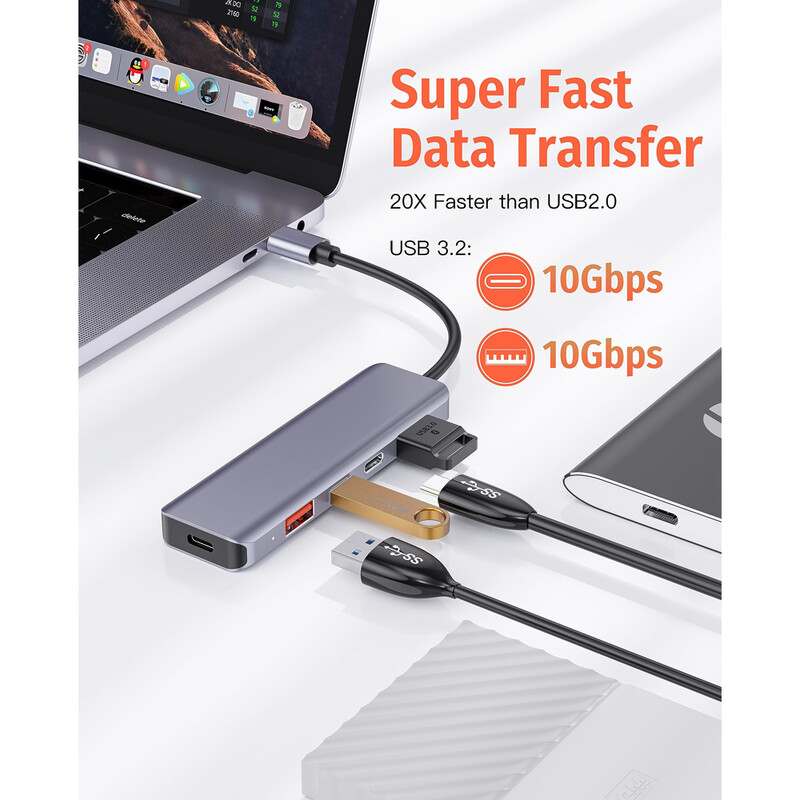 Hub USB C Getatek 10 Gbps Splitter USB C 100 W Putere de încărcare Hub USB 3.2 pentru laptop MacBook Air/Pro iPhone 15/15 Pro/15 Pro Max