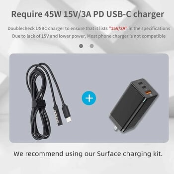 USB Type-C кабел за бързо зареждане работи с 15V/3A USB-C PD протокол зарядно устройство Захранващ адаптер, съвместим с Surface Pro1/2 RT