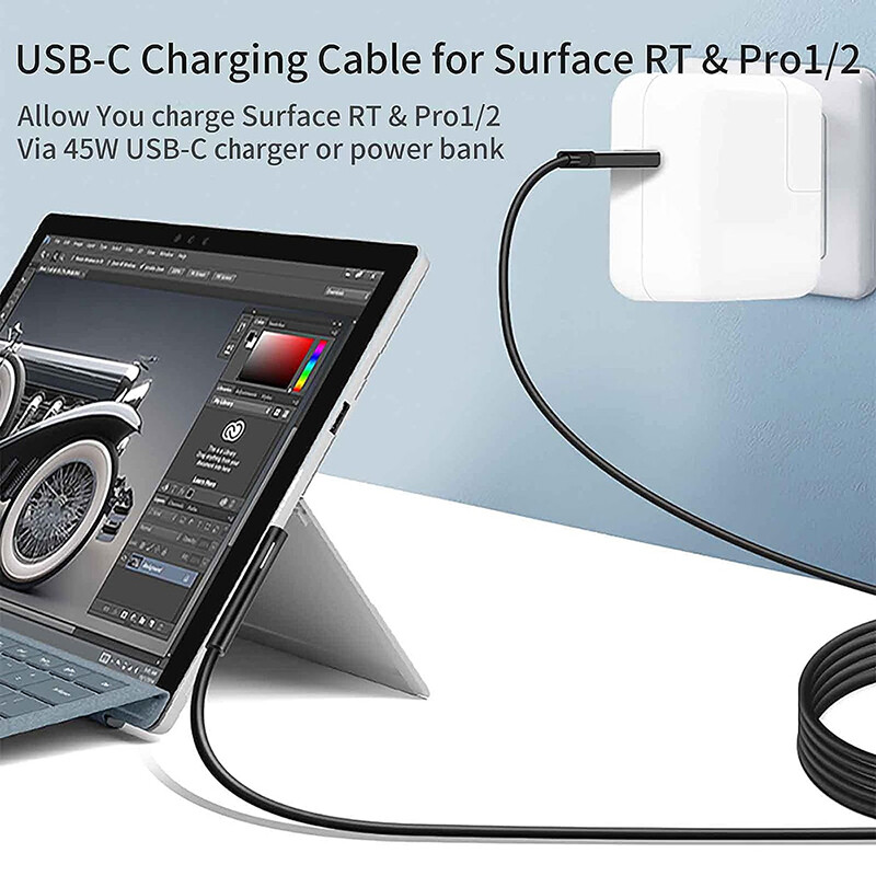USB Type-C ātrās uzlādes kabelis darbojas ar 15V/3A USB-C PD protokola lādētāja strāvas adapteri, kas ir savietojams ar Surface Pro1/2 RT
