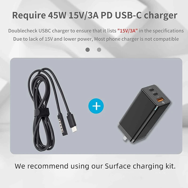 USB Type-C ātrās uzlādes kabelis darbojas ar 15V/3A USB-C PD protokola lādētāja strāvas adapteri, kas ir savietojams ar Surface Pro1/2 RT