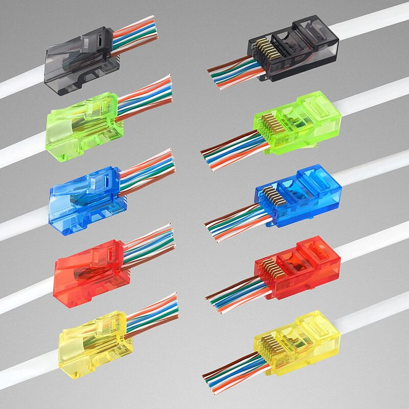 Farby priechodných konektorov RJ45, konektor Cat5e Cat6, modulárny konektor RJ45 s jednoduchým priechodným konektorom pre pevný lankový kábel UTP, sieťový LAN kábel