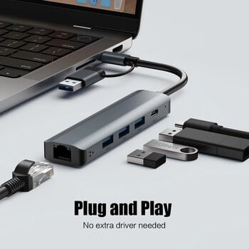 USB C HUB USB-C USB-A Multiport Adapter Type C USB 3.0 Data Transfer Gigabit Ethernet RJ45 Докинг станция за Mac Book Pro