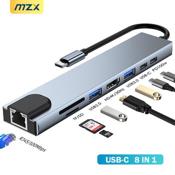 MZX 8-в-1 USB C хъб докинг станция 3 0 тип CA концентратор 4K HDMI-съвместим RJ45 четец на карти докинг станция за хъбове за лаптоп Macbook