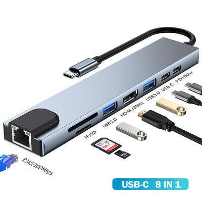MZX 8-în-1 USB C Hub Docking Station 3 0 Tip CA Concentrator 4K HDMI compatibil RJ45 Cititor de carduri Dock pentru hub-uri pentru laptopuri Macbook