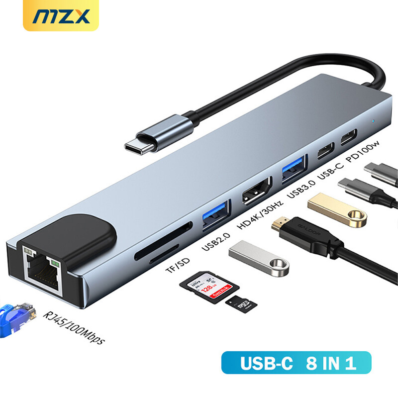 MZX 8-în-1 USB C Hub Docking Station 3 0 Tip CA Concentrator 4K HDMI compatibil RJ45 Cititor de carduri Dock pentru hub-uri pentru laptopuri Macbook
