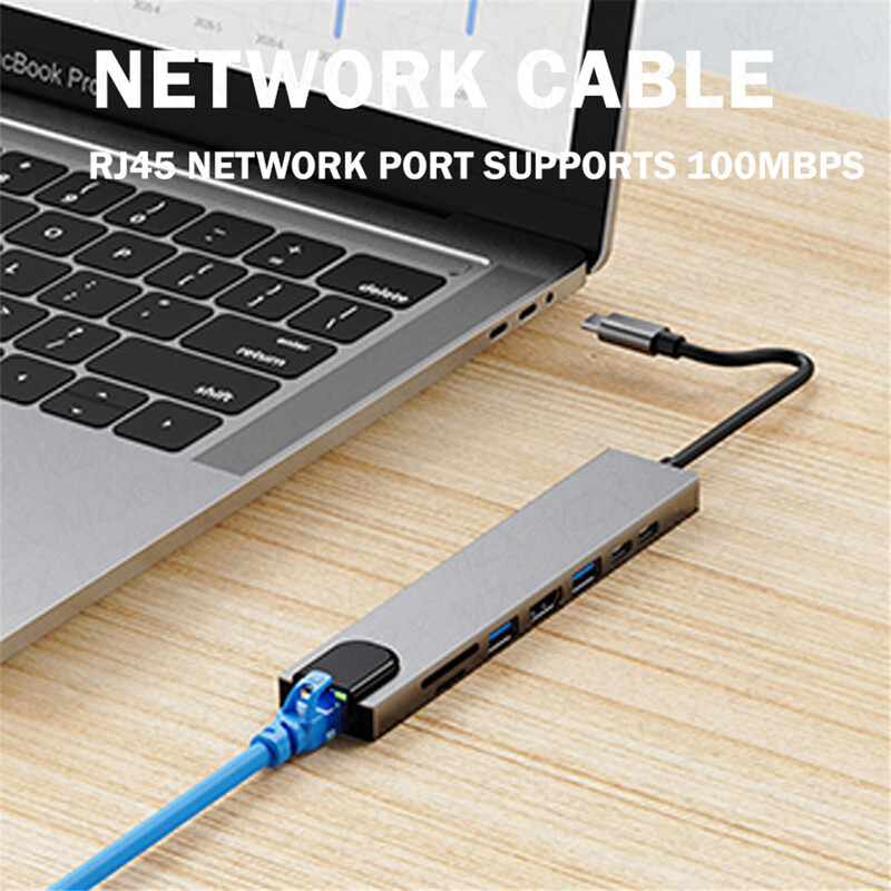 MZX 8-în-1 USB C Hub Docking Station 3 0 Tip CA Concentrator 4K HDMI compatibil RJ45 Cititor de carduri Dock pentru hub-uri pentru laptopuri Macbook