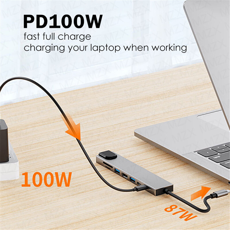 MZX 8-în-1 USB C Hub Docking Station 3 0 Tip CA Concentrator 4K HDMI compatibil RJ45 Cititor de carduri Dock pentru hub-uri pentru laptopuri Macbook