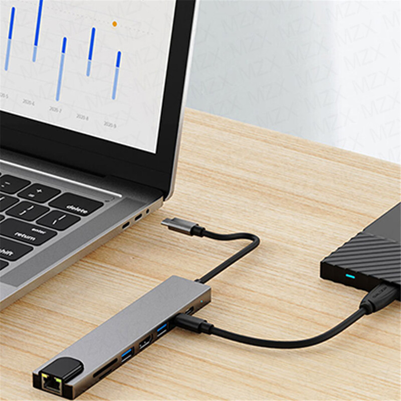 MZX 8-în-1 USB C Hub Docking Station 3 0 Tip CA Concentrator 4K HDMI compatibil RJ45 Cititor de carduri Dock pentru hub-uri pentru laptopuri Macbook