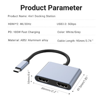 Gopala USB C към двоен HDMI адаптер 4K@30Hz с USB 3.0, 100W PD поддръжка за MacBook Pro Air Dell (MST поддържа само Windows)