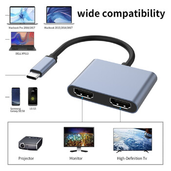 Gopala USB C към двоен HDMI адаптер 4K@30Hz с USB 3.0, 100W PD поддръжка за MacBook Pro Air Dell (MST поддържа само Windows)