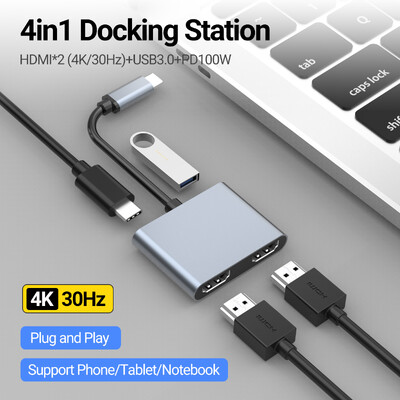 Gopala USB C na dvostruki HDMI adapter 4K@30Hz s USB 3.0, 100W PD podrška za MacBook Pro Air Dell (MST podržava samo Windows)