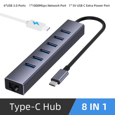 Σταθμός σύνδεσης 8 σε 1 Διανομέας USB USB 3.0 Μετάδοση δεδομένων Προσαρμογέας θύρας φόρτισης Ethernet 5V για φορητούς δίσκους iMac PC