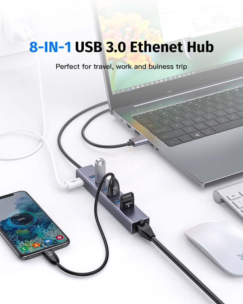 Σταθμός σύνδεσης 8 σε 1 Διανομέας USB USB 3.0 Μετάδοση δεδομένων Προσαρμογέας θύρας φόρτισης Ethernet 5V για φορητούς δίσκους iMac PC