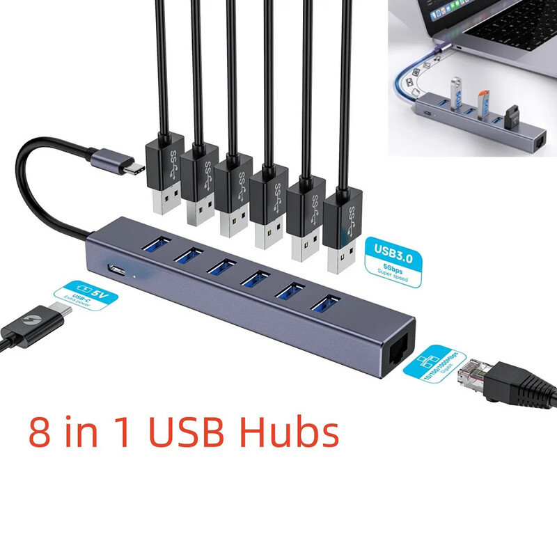 Σταθμός σύνδεσης 8 σε 1 Διανομέας USB USB 3.0 Μετάδοση δεδομένων Προσαρμογέας θύρας φόρτισης Ethernet 5V για φορητούς δίσκους iMac PC