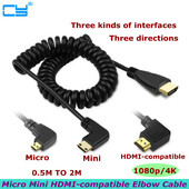 2 m HDMI saderīgs ar labā un kreisā leņķa Mini HDMI un HDMI un mikro HDMI vīrišķais–vīrišķais elastīgais kabelis Stretch Spring Curl V1.4 DSLR