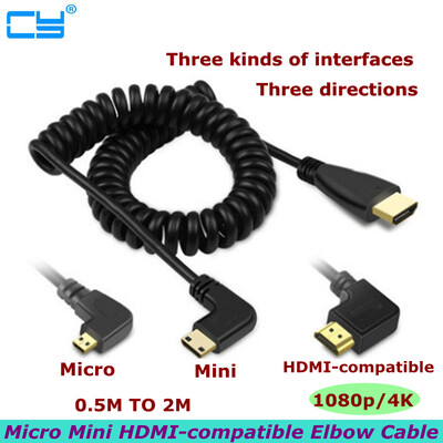 2m HDMI-съвместим с десен и ляв ъгъл Mini HDMI & HDMI & Micro HDMI от мъжки към мъжки, разтеглив пружинно извиващ се гъвкав кабел V1.4 DSLR