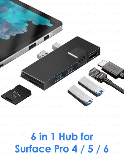 Išplėtimo dokas, skirtas Microsoft Surface Pro 4 USB3.0 Hub SD/TF HDMI4K Rj45 6 prievadų USB tipo C adapteris, skirtas Surface Pro 2018 m. 4/5/6