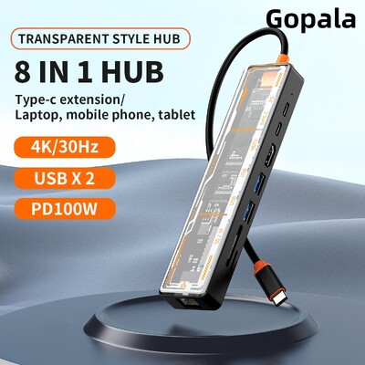 Gopala Arylic 8 u 1 USB C na HDMI multiport adapter s Ethernetom, 100 W PD, USB 3.0, USB2.0, TF/SD čitač kartica, USB C Dock