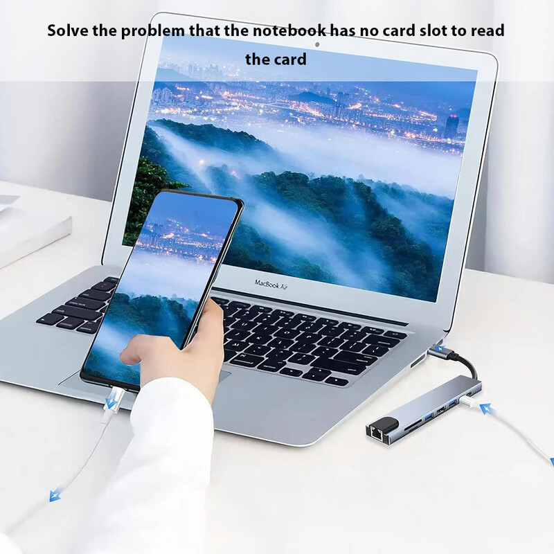 Hub USB 3.0 8 în 1 Porturi multiple USB pentru încărcarea telefonului mobil Cititor de disc U Disc dur pentru MacBook Laptop HP Extender tip C