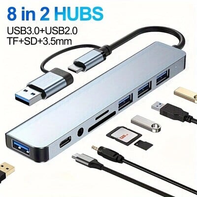 8 in 2 USB HUB ar sadalītāja karšu lasītāju, USB C portu, USB 3.0/2.0, SD/TF sadalītāja karšu lasītāju, dokstaciju