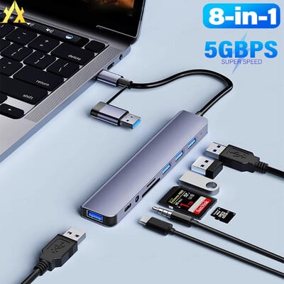 8-in-1 usb šakotuvas 3.1 prijungimo stotelė išorinė grafikos plokštė nešiojamiesiems kompiuteriams Multi-hub C usb tipo c doko stotis 5Gbps TF SD skaitytuvas