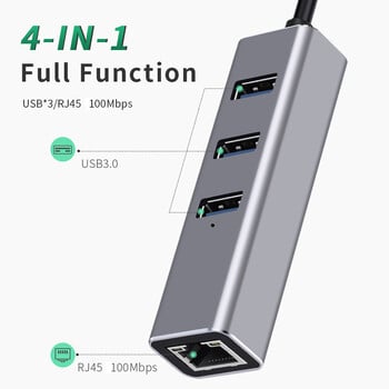 NNBILI USB C HUB 100Mbps 3 порта USB 3.0 2.0 Type C HUB USB към Rj45 Ethernet адаптер RTL8152B за лаптоп MacBook