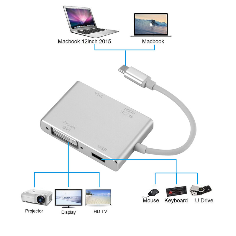 Ar USB C uz 4K HDMI saderīgs VGA DVI USB3.0 C tipa adaptera centrmezgls MacBook Pro S10 2019/2018 MacBook Air LenovoYoga Dell XPS 13
