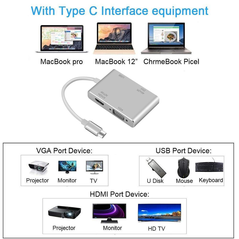 Ar USB C uz 4K HDMI saderīgs VGA DVI USB3.0 C tipa adaptera centrmezgls MacBook Pro S10 2019/2018 MacBook Air LenovoYoga Dell XPS 13