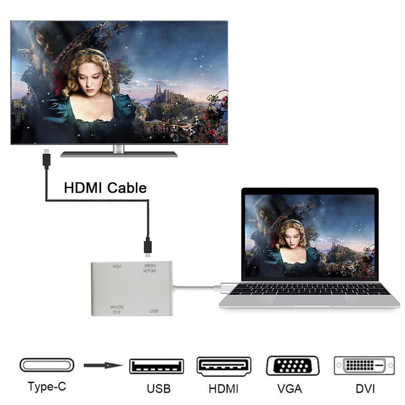 Ar USB C uz 4K HDMI saderīgs VGA DVI USB3.0 C tipa adaptera centrmezgls MacBook Pro S10 2019/2018 MacBook Air LenovoYoga Dell XPS 13