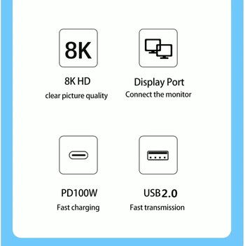 3 σε 1 USB C σε DP1.4 Hub Thunderbolt3 Type-C σε 8K@60Hz 4K@144Hz DisplayPort/USB/100W PD Dock Converter για οθόνη φορητού υπολογιστή