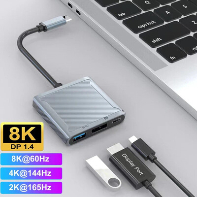 3 az 1-ben USB C – DP1.4 Hub Thunderbolt3 Type-C – 8K@60Hz 4K@144Hz DisplayPort/USB/100W PD port dokkoló átalakító laptop monitorhoz