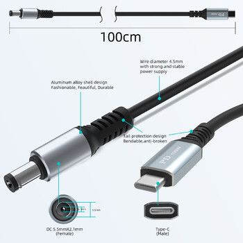 USB C σε DC 5,5 x 2,1 mm Καλώδιο φόρτισης τροφοδοσίας για φορητό υπολογιστή (5521), 20 V USB Type C Male είσοδος σε DC 5,5 x 2,1 mm Αρσενικό καλώδιο έως 100 W