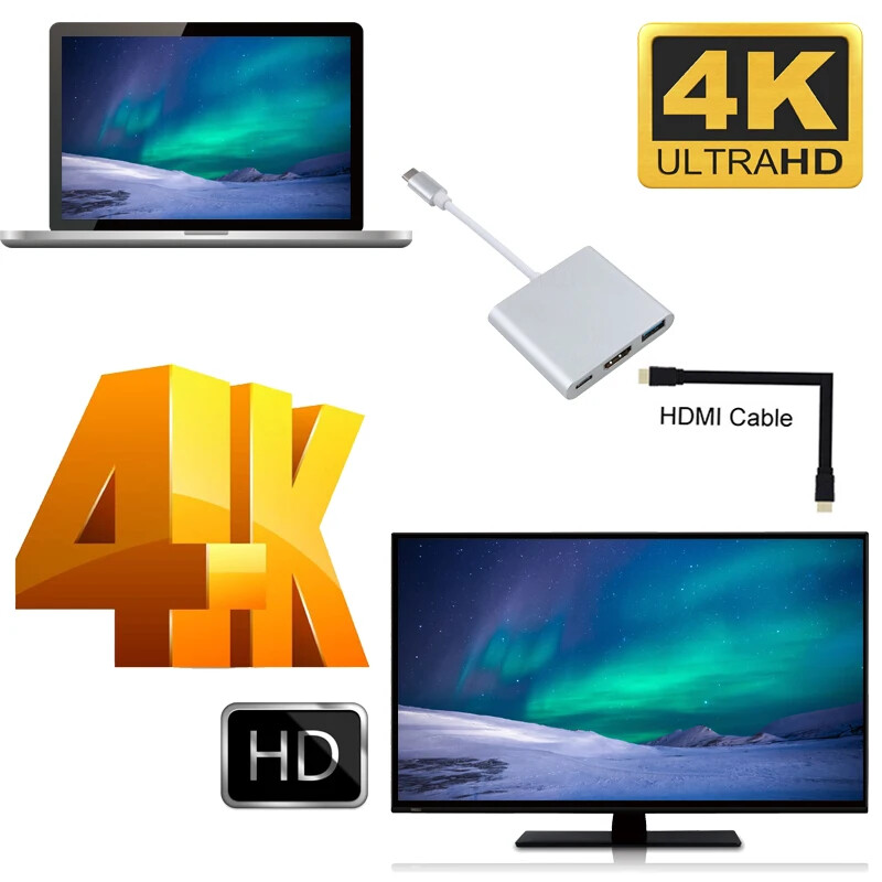 C tipa USB c uz HD pārveidotāja adapteris, kas ir saderīgs ar HDMI/USB 3.0/C tipa adapteris, C tipa alumīnija adapteris MacBook Pro/Air/Huawei Mate