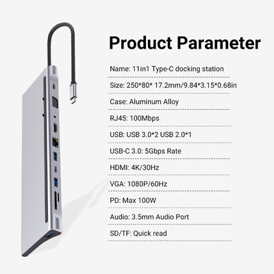 Stație de andocare USB C pentru laptop cu mai multe porturi Gopala 11 în 1 cu 4K HDMI, VGA, Ethernet, SD, MicroSD, port de 3,5 mm pentru MacBook