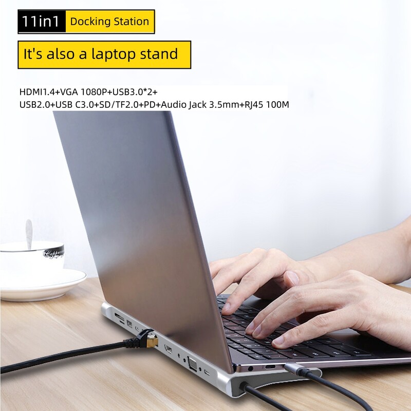 Stație de andocare USB C pentru laptop cu mai multe porturi Gopala 11 în 1 cu 4K HDMI, VGA, Ethernet, SD, MicroSD, port de 3,5 mm pentru MacBook