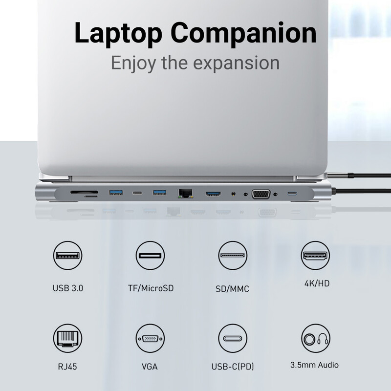 Stație de andocare USB C pentru laptop cu mai multe porturi Gopala 11 în 1 cu 4K HDMI, VGA, Ethernet, SD, MicroSD, port de 3,5 mm pentru MacBook