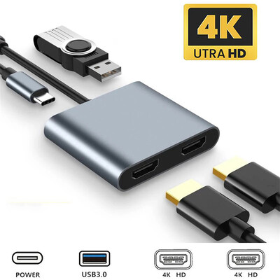 USB C dokkoló állomás 4 az 1-ben hub Type-C - Dual 4K HD azonos képernyős USB 3.0 PD gyorstöltő adapter Thunderbolt3 laptop monitorhoz