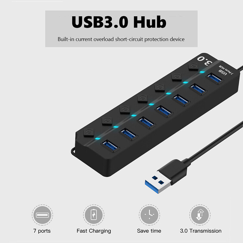 USB 3.0 HUB 7 portov Splitte vysokorýchlostný rozširujúci notebook mini rozbočovač OTG adaptér pre stolné počítače a príslušenstvo