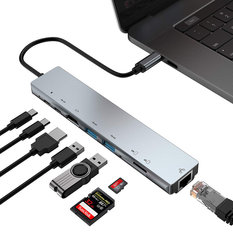 Nku USB C dokkoló Type-C Thunderbolt 3–4K HDMI-kompatibilis TFSD USB RJ45 Ethernet Lan PD töltő 8 portos hub splitter Macbookhoz