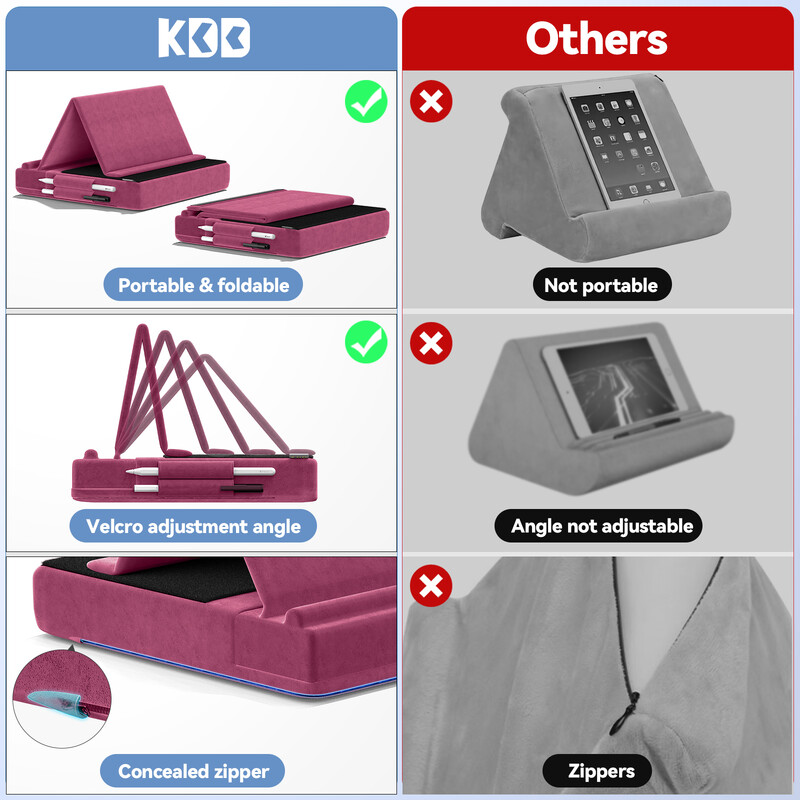 KDD uzlabots planšetdatora spilvenu statīvs, vairāku leņķu skata Ipad turētājs klēpja gultai un rakstāmgaldam, salokāms mīksts spilventiņu dokstacijas ar irbuļa stiprinājumu