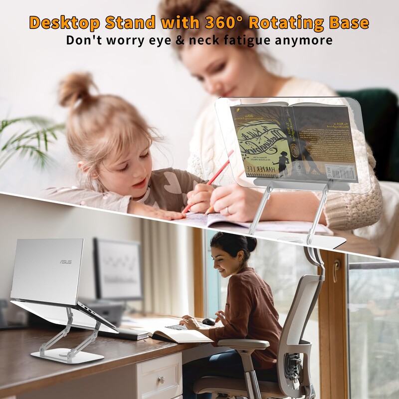 Biezs akrila grāmatu statīvs lasīšanai Regulējams grāmatu turētājs ar 360° grozāmu pamatni, elastīgu lappušu saspraudes salokāmi darbvirsmas stāvvadi St.