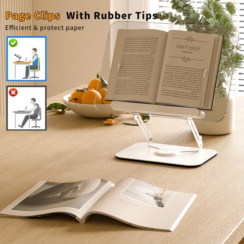 Biezs akrila grāmatu statīvs lasīšanai Regulējams grāmatu turētājs ar 360° grozāmu pamatni, elastīgu lappušu saspraudes salokāmi darbvirsmas stāvvadi St.