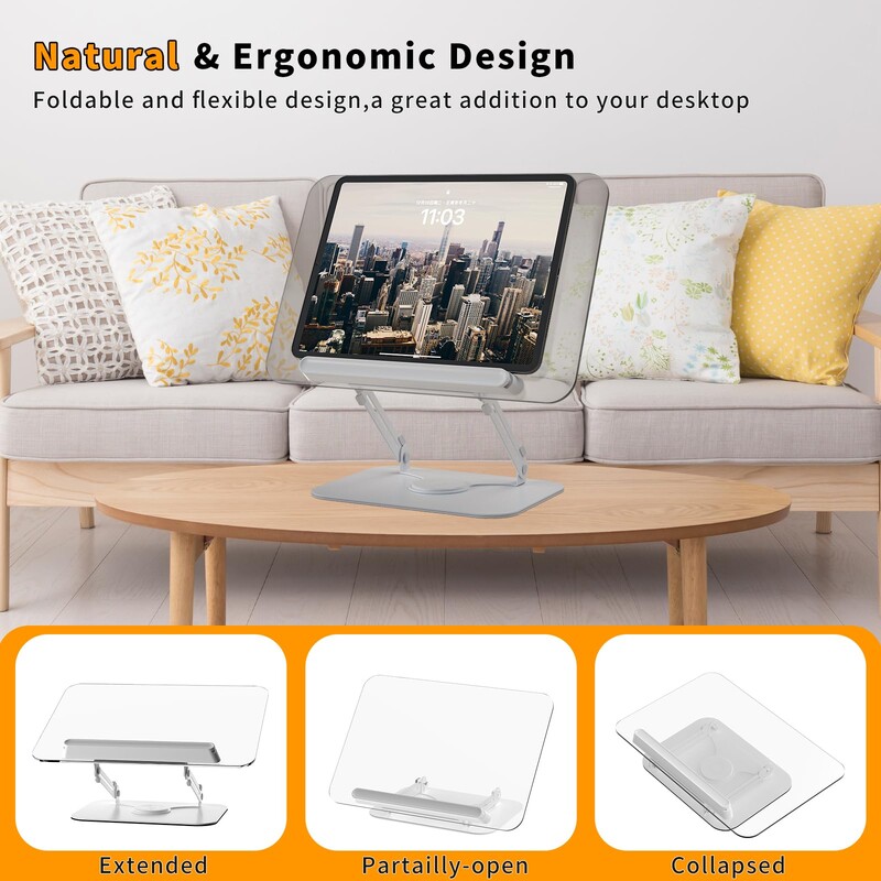 Biezs akrila grāmatu statīvs lasīšanai Regulējams grāmatu turētājs ar 360° grozāmu pamatni, elastīgu lappušu saspraudes salokāmi darbvirsmas stāvvadi St.