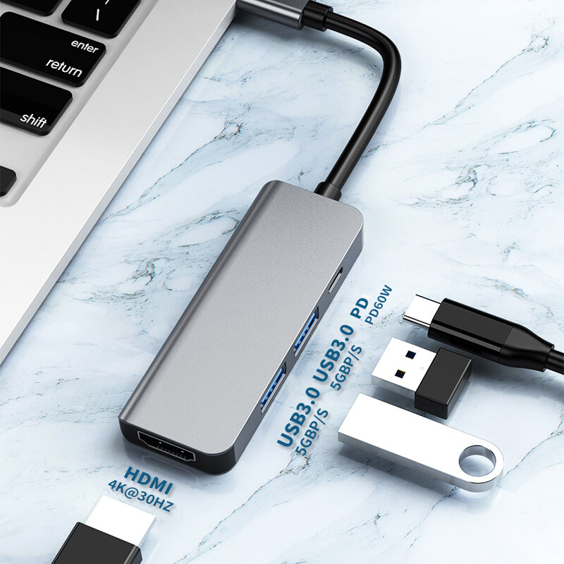USB HUB tip C na HDMI kompatibilan 4 u 1 adapter s 2 USB 3.0 PD razdjelnika za punjenje za prijenosna računala MacBook Pro/Air/Huawei Mate