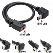 Mini USB kabelis 5 kontaktų vyriškas kištukas prie moteriško lizdo prailginimo duomenų adapterio laido kabelis stačiu kampu 90 laipsnių 25 cm laidas