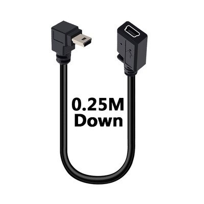 Mini USB kabelis 5 kontaktų vyriškas kištukas prie moteriško lizdo prailginimo duomenų adapterio laido kabelis stačiu kampu 90 laipsnių 25 cm laidas