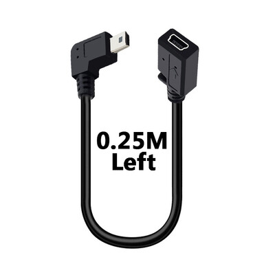 Mini USB kabelis 5 kontaktų vyriškas kištukas prie moteriško lizdo prailginimo duomenų adapterio laido kabelis stačiu kampu 90 laipsnių 25 cm laidas