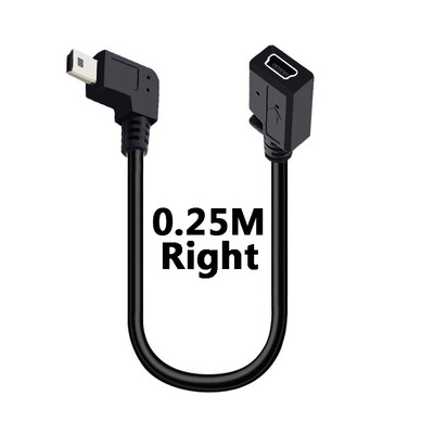 Mini USB kabelis 5 kontaktų vyriškas kištukas prie moteriško lizdo prailginimo duomenų adapterio laido kabelis stačiu kampu 90 laipsnių 25 cm laidas