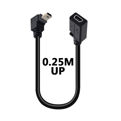 Mini USB kabelis 5 kontaktų vyriškas kištukas prie moteriško lizdo prailginimo duomenų adapterio laido kabelis stačiu kampu 90 laipsnių 25 cm laidas